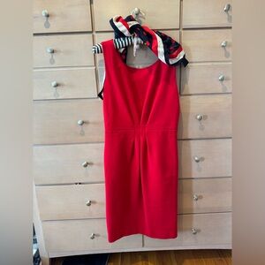 Pink Tartan Red Sheath Midi Dress Scoop Neck Sleeveless-Scarf Included:)